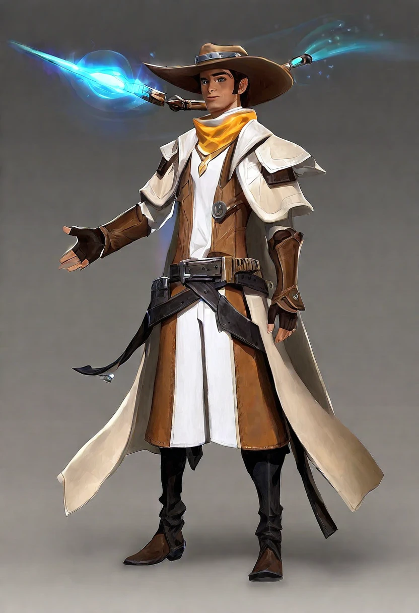 a character in a futuristic, Western-inspired outfit. The character wears a white and brown long coat with black pants and knee pads. Accessories include a wide-brimmed hat, gloves, and a belt. The character's attire suggests a blend of cowboy and high-tech elements. With a magical wand in his hand. He is little bigger in size.
