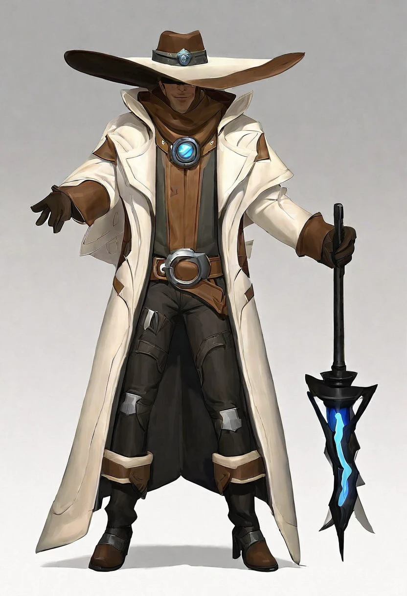 a character in a futuristic, Western-inspired outfit. The character wears a white and brown long coat with black pants and knee pads. Accessories include a wide-brimmed hat, gloves, and a belt. The character's attire suggests a blend of cowboy and high-tech elements. With a magical wand in his hand. He is little bigger in size.