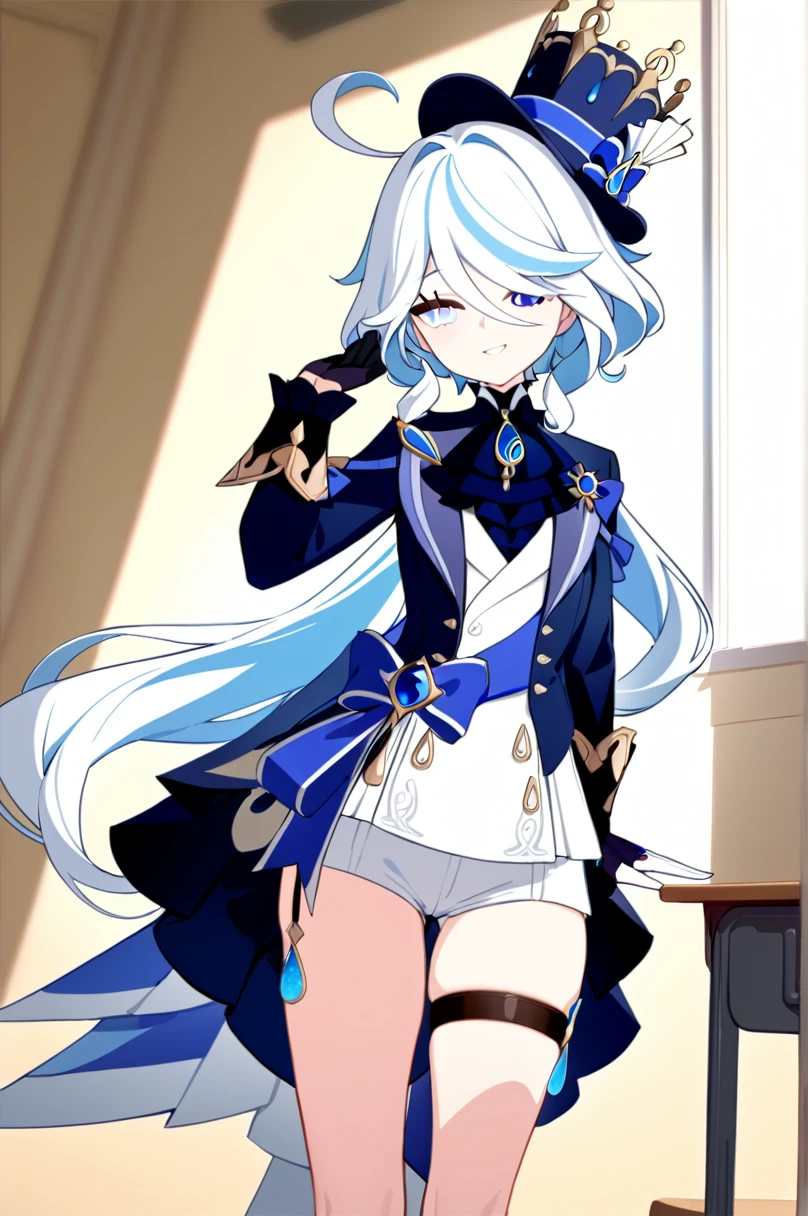 masterpiece, best quality, perfect features, intricate details, ray tracing, newest,(hitenkei, askzy:0.4), 1girl, furina \(genshin impact\), heterochromia, ,furina \(genshin impact\), heterochromia, mismatched gloves, top hat, blue jacket, ascot, waist bow, short shorts, thigh strap, high heels, frilled socks, waist cape evil smile, classroom, indoors, cowboy shot, depth of field