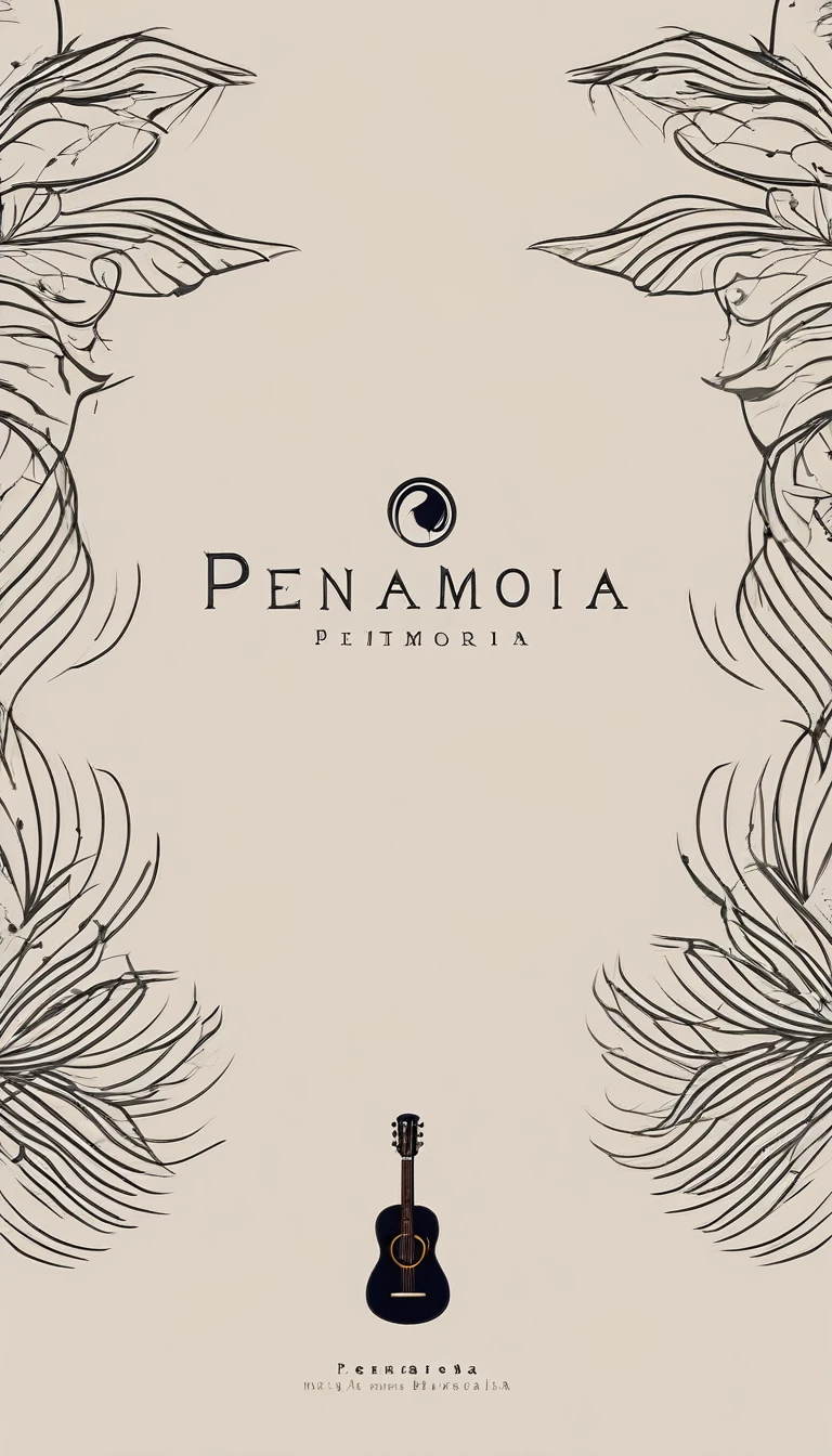 A minimal, high quality, modern, simple, cinematic symbol design for the brand “Penamemoria". The logotype must be a simple, magical feather and a boy playing acoustic guitar. The logo must convey a sense of music, stories and dreams. Logo design impressed on a book cover. Minimalistic logo