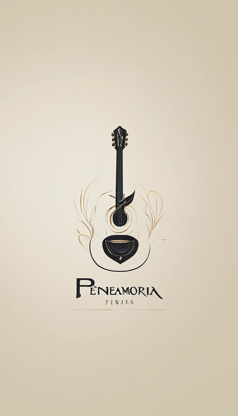 A minimal, high quality, modern, simple, cinematic symbol design for the brand “Penamemoria". The logotype must be a simple, magical feather and a boy playing acoustic guitar. The logo must convey a sense of music, stories and dreams. Logo design impressed on a book cover. Minimalistic logo