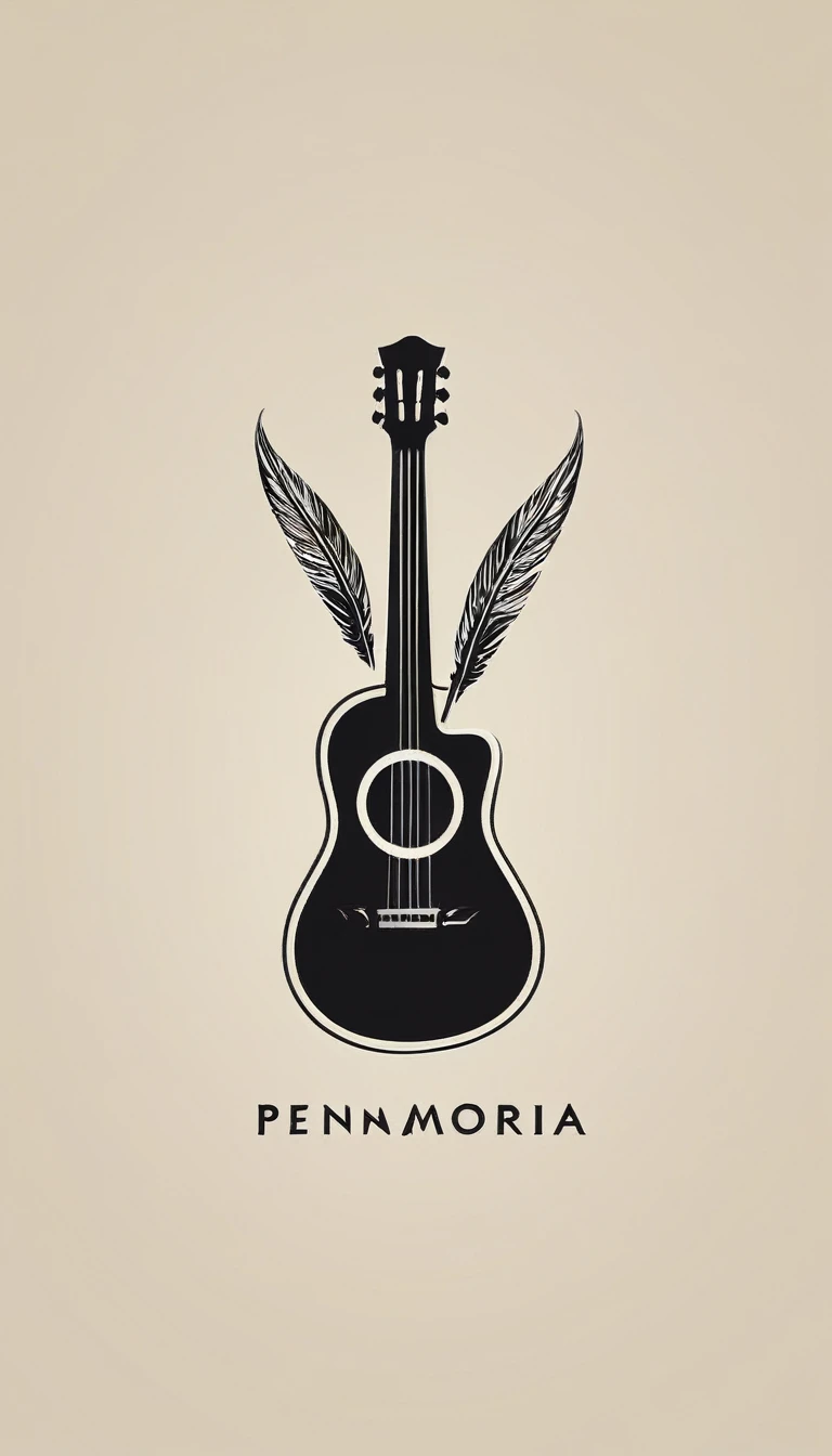 A minimal, high quality, modern, simple, cinematic symbol design for the brand “Penamemoria". The logotype must be a simple, magical feather and a boy playing acoustic guitar. The logo must convey a sense of music, stories and dreams. Logo design impressed on a book cover. Minimalistic logo