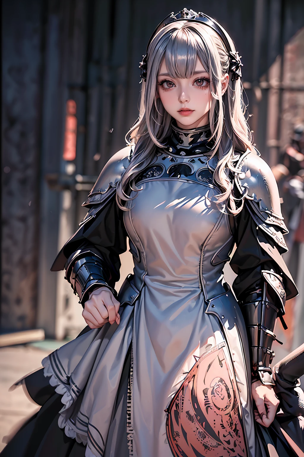 Anime Style、A masterpiece of delicate and detailed line drawing、Highest quality、Highest quality、Anatomically correct、(One Woman、、(Silver Hair、Hime cut, Wavy Hair, Mid-length hair:1.2)、(Natural Makeup、Eyelash extensions、Draw eyelashes sharply、Eyebrows are thin and short、Deep orange blush:1.1)、(Staring e audience、Looks sleepy、Mouth open、Slightly red cheeks:1.3)、(Black Iron Full Plate Armor、Intricately detailed dress armor,、dark Knight:1.3)、garden、A mysterious scene with light pouring down, (Blur the background:1.3)、(View of the subject from below:1.1)、Photo from thigh up