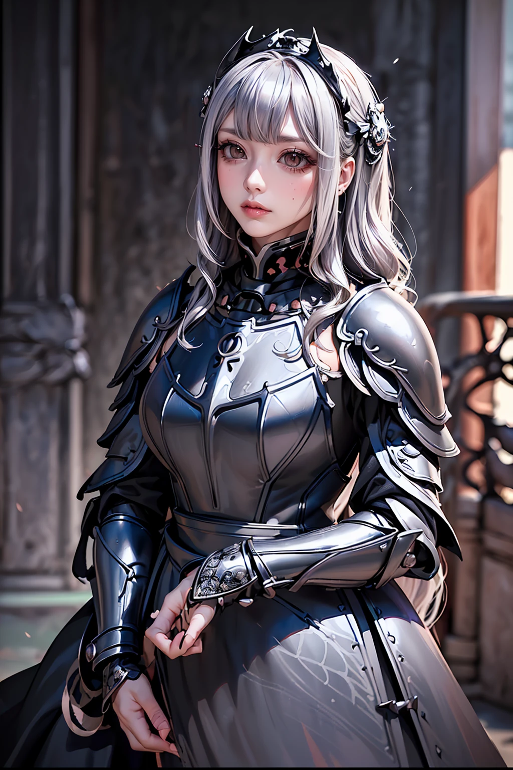 Anime Style、A masterpiece of delicate and detailed line drawing、Highest quality、Highest quality、Anatomically correct、(One Woman、16 years old、(Silver Hair、Hime cut, Wavy Hair, Mid-length hair:1.2)、(Natural Makeup、Eyelash extensions、Draw eyelashes sharply、Eyebrows are thin and short、Deep orange blush:1.1)、(Staring at the audience、Looks sleepy、Mouth open、Slightly red cheeks:1.3)、(Black Iron Full Plate Armor、Intricately detailed dress armor,、dark Knight:1.3)、garden、A mysterious scene with light pouring down, (Blur the background:1.3)、(View of the subject from below:1.1)、Photo from thigh up