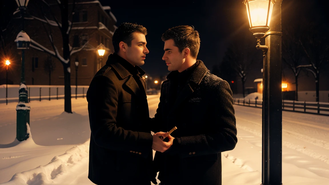 Two men standing face to face on a snowy night near a lamp post. Dim light, night time. One man has a cigarette lighter in his hand and a soft glow of the flame coming from the cigarette lighter