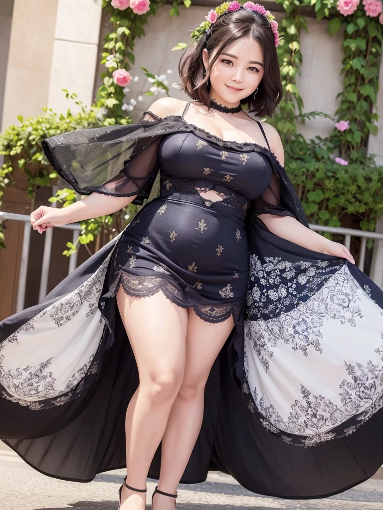 A beautiful and hot almost chubby mature woman.who is wearing a patterned short dress and is and standing in the resort. A smiling face、sexy woman、A radiant smile、adorable、race、Frills、Colorful design、Full-length mirror、An inviting gaze、Gorgeous long and beautiful hairstyle、variation Hairstyle、Open neck blouse、Alluring、Flower Garden、Sparkling、elegant princess、Full body description、1people。Front view、no gallery