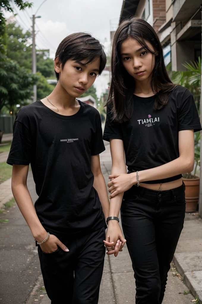 a couple of very thin heterosexual Thai teenage boyfriends, 12 year old lovers, a very thin 12 year old straight Thai teenage boy holding hands with a very thin 12 year old heterosexual Thai teenage girl, both of the same height, with very thin bodies and slender. They go hand in hand. They wear a black t-shirt and black pants. And black bracelet on the arms.