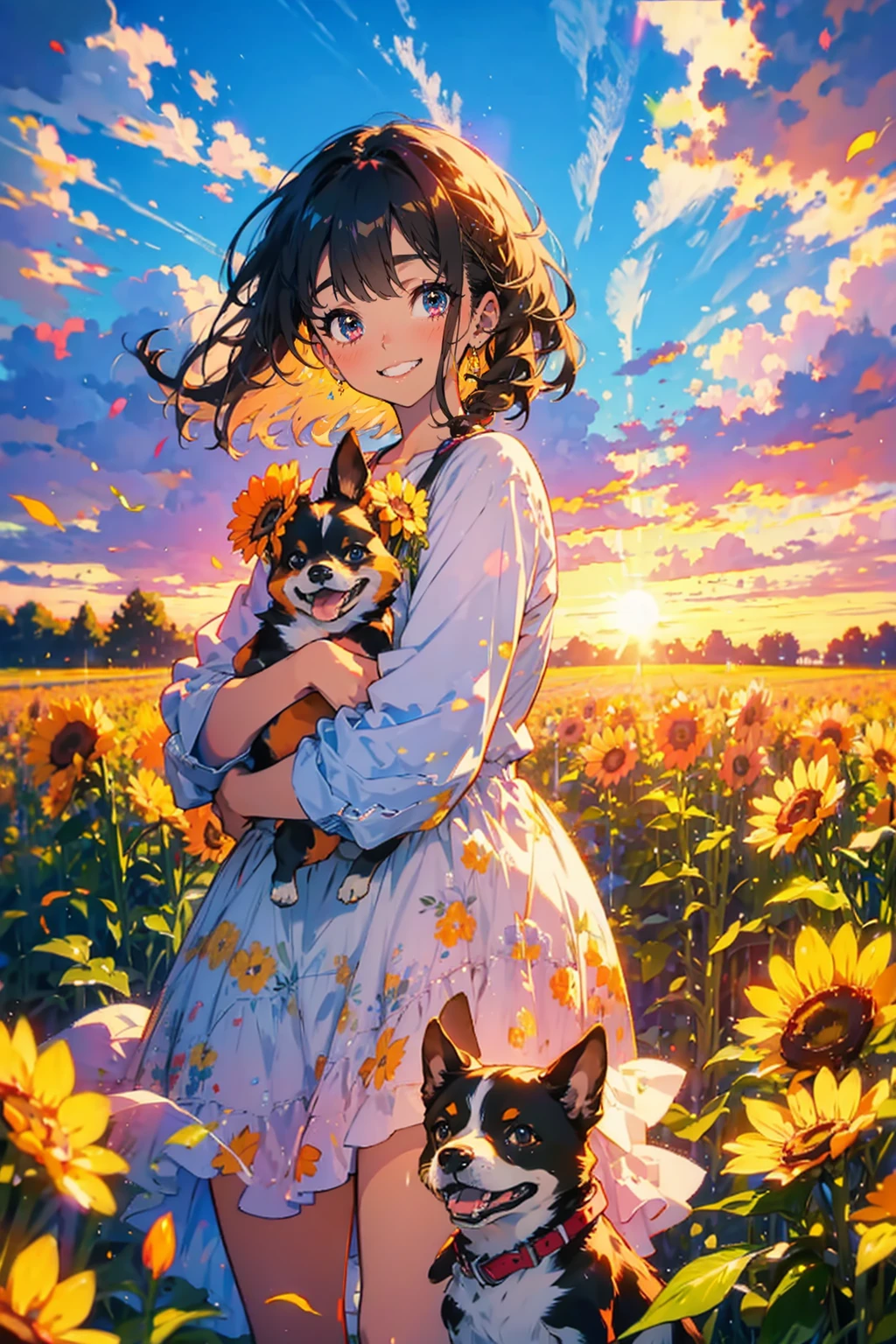 1girl and 1dog,she hold a small dog,smile,sunflowar field,sunset,brilliant sky,at summer