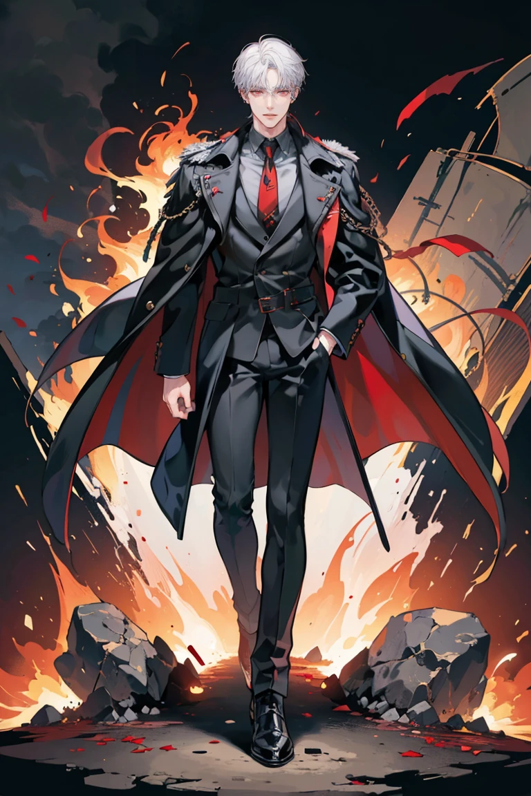 (masterpiece), best quality, seductive eyes, perfect face, handsome man, dark red eyes, mid length messy white hair, long nose, black polo, black leather coat, black pants, red necktie, general cap, full body, extremely tall man, long legs, long calves, anime cover, 1boy, ear piercings, hands in pockets, adult-like look, bad boy, there's burning flowers in the background and there's fire all over his surroundings, both of has hands are on the pockets of his coat while he has an evil smile
