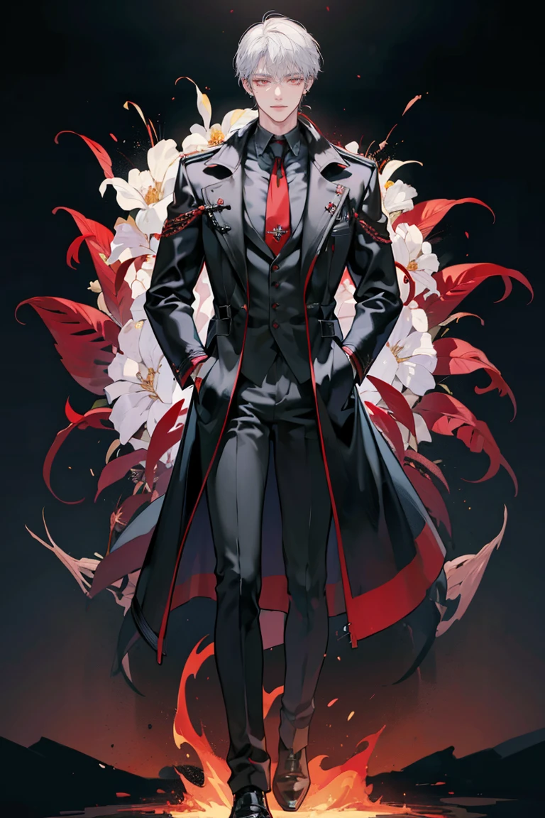 (masterpiece), best quality, seductive eyes, perfect face, handsome man, dark red eyes, mid length messy white hair, long nose, black polo, black leather coat, black pants, red necktie, general cap, full body, extremely tall man, long legs, long calves, anime cover, 1boy, ear piercings, hands in pockets, adult-like look, bad boy, there's burning flowers in the background and there's fire all over his surroundings, both of has hands are on the pockets of his coat while he has an evil smile

