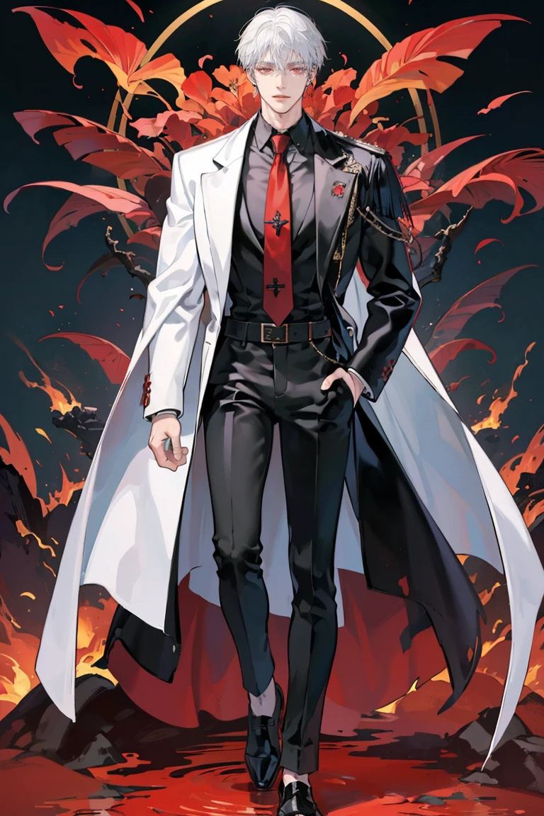 (masterpiece), best quality, seductive eyes, perfect face, handsome man, dark red eyes, mid length messy white hair, long nose, black polo, black leather coat, black pants, red necktie, general cap, full body, extremely tall man, long legs, long calves, anime cover, 1boy, ear piercings, hands in pockets, adult-like look, bad boy, there's burning flowers in the background and there's fire all over his surroundings, both of has hands are on the pockets of his coat while he has an evil smile