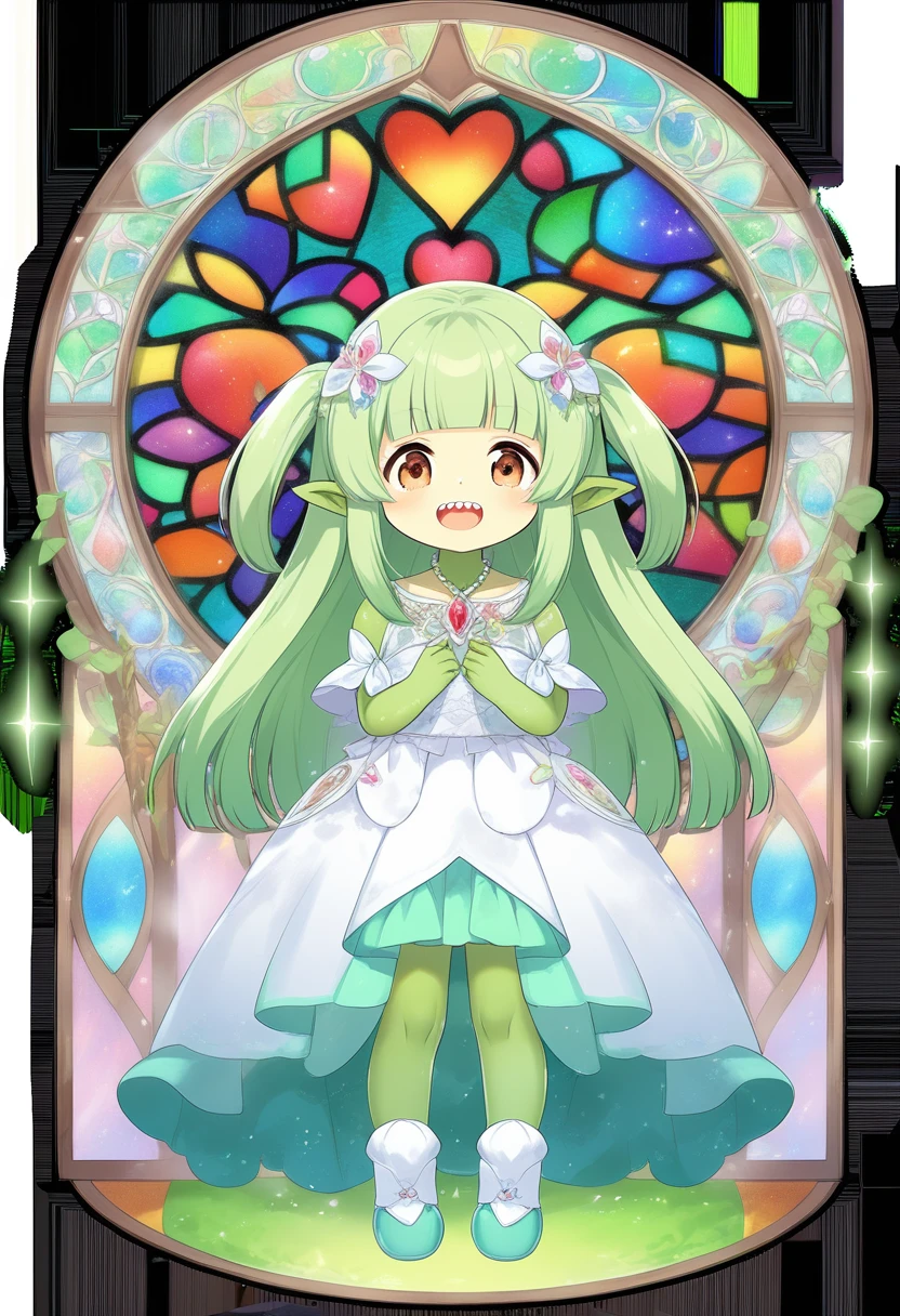 smooth soft skin, natural skin,best quality, masterpiece, ultra high quality
BREAK
(deep green skin:1.9), (goblin girl),(loli:1.9),(little female child:1.8),(loli toddler:1.8),(mini girl:1.7), (4 years old:1.1), kawaii, (baby face:1.1), small breasts,(evil smile:1.1),super smile,ultra cute face,shiny skin,open mouth,(deep green skin all over the body:1.7),
BREAK
(light green hair:1.2), (blunt bangs:1.3), (hime cut:1.4),(brown eyes:1.6), (long hair:1.3), long straight hair,(sharp teeth),highlight on eyes,
BREAK
hensin,henshin),magical girl,(transparent background:1.3),wearing shoes on feet,bow, gem necklace, deepgreen pleats overskirt,white dress,frills, sash, high_heels, collarbones, wedding dress, heart_print, 
elf ear,Tribal Jewelry,wearing boots on feet, wearing lightgreen magical Girl Costumes,(magical effect:1.2), magic circle,colorful background,light particles,light sparkles,crystal light,powder light,dynamicpose,multi-layered flower shaped stained glass,rose shaped stained glass),(music note effect fused with stained glass,heart shaped Church windows,nature theme,Giant stained glass leaf,Multiple stained glass musical note,tiffany,dust particles,anime,stain glass inspired by leaf mark,nature background