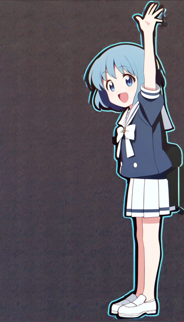 young girl, anime, short hair, pretty eyes, blue hair, full body, sailor suit, short pleated skirt, big smiling very happy, greenback, black outline, (stand up straight)
