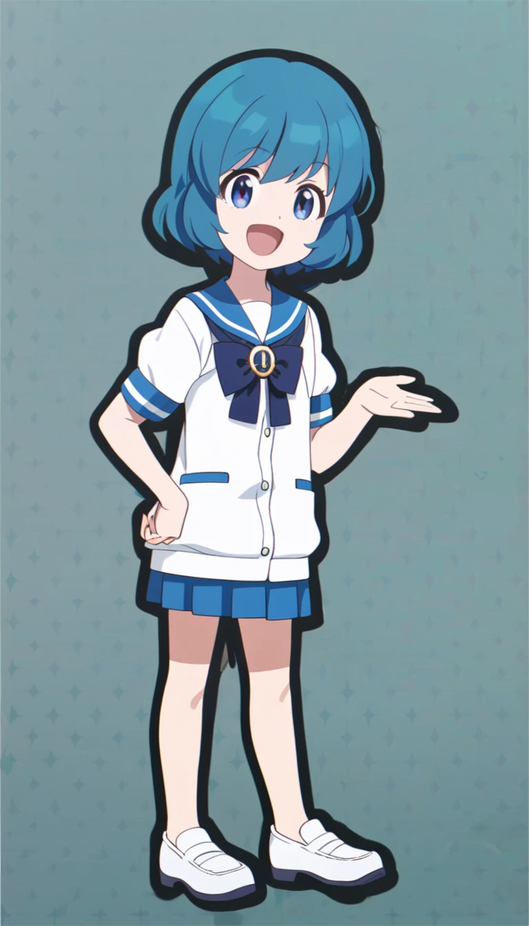 young girl, anime, short hair, pretty eyes, blue hair, full body, sailor suit, short pleated skirt, big smiling very happy, greenback, black outline, (stand up straight)