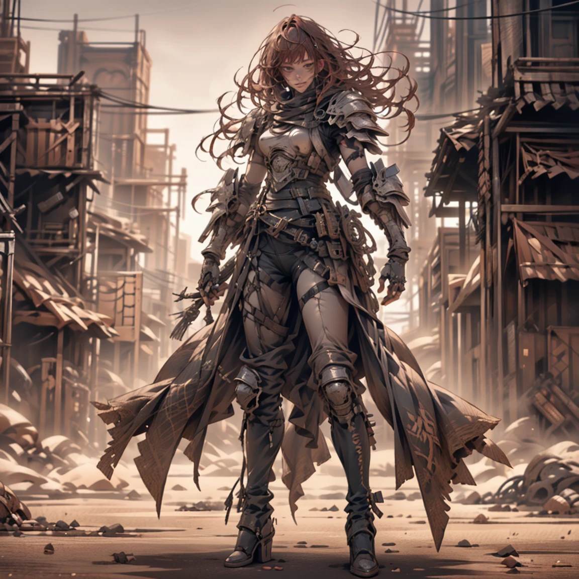 (masterpiece, top quality, best quality, official art, beautiful and aesthetic:1.2), (1girl), solo, Bangs, long hair, red hair,((dessertpunk X white armor)),long black glovelack pantyhoses,Handsome standing with white boots, highest detailed, art by Artgerm, by Kawacy, By Yusuke Murata