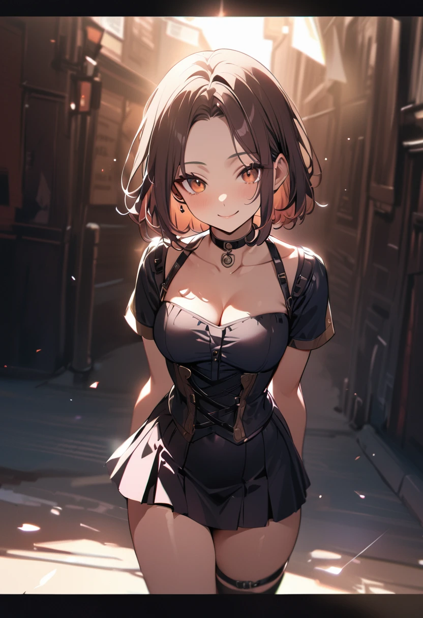 1 girl, bob, center part, forehead, brown hair, piercing, brown eyes, smile,
BREAK (masterpiece), (high resolution 8K), cinematic lighting, professional lighting, detailed eyes and face, detailed body, 
BREAK corset top, choker, mini skirt, thighs