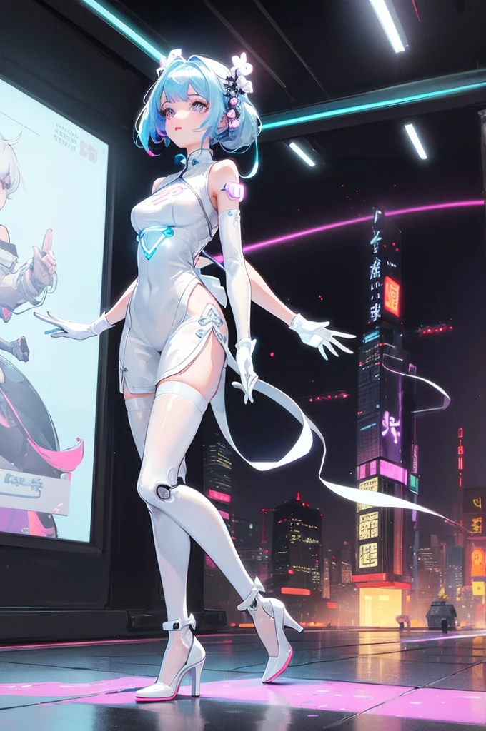 (Blind Box Spielzeug Stil:1.2),full body, solo,white background,(A female robot in a transparent white jasmine dress, wearing gloves and high heels),(Chinese color,Very colorful), Cyberpunk, Dreamy Glow, Luminous neon lamp, 3D