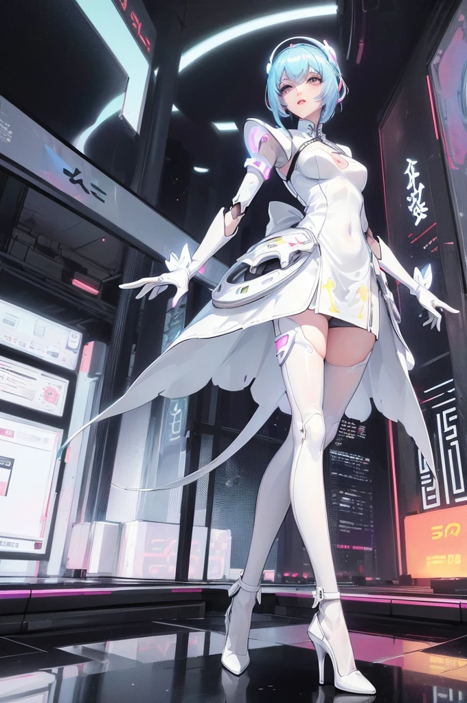 (Blind Box Spielzeug Stil:1.2),full body, solo,white background,(A female robot in a transparent white jasmine dress, wearing gloves and high heels),(Chinese color,Very colorful), Cyberpunk, Dreamy Glow, Luminous neon lamp, 3D
