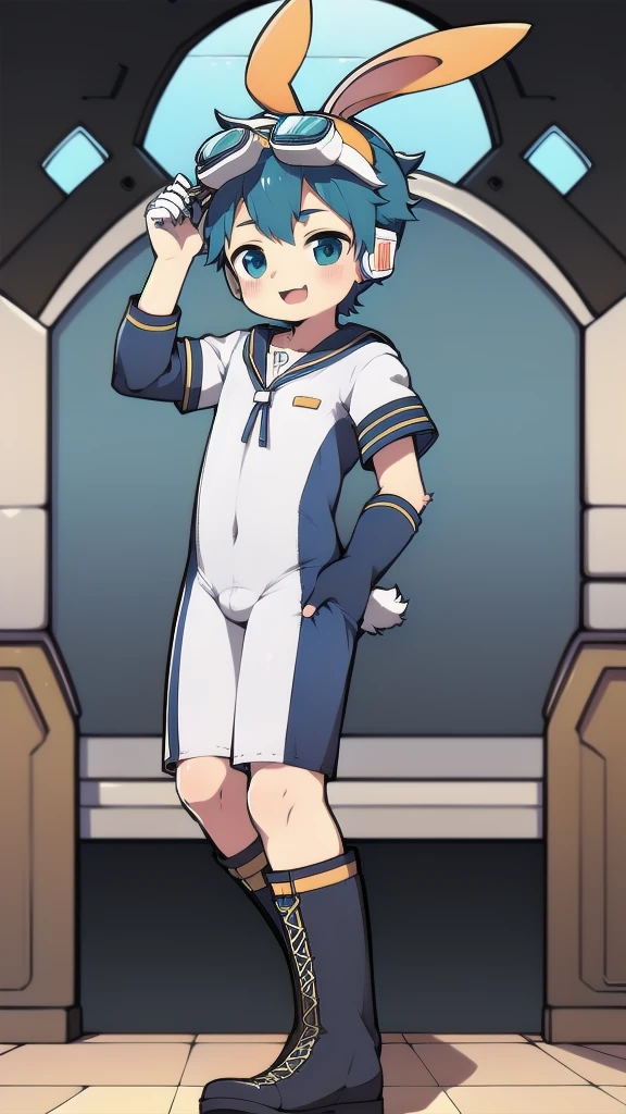 2D Shonen Shota,One-piece suit,Slim, healthy body,Put the headphones on your head,stand up,goggles,Rabbit ears,Happy,Sailor collar,boots