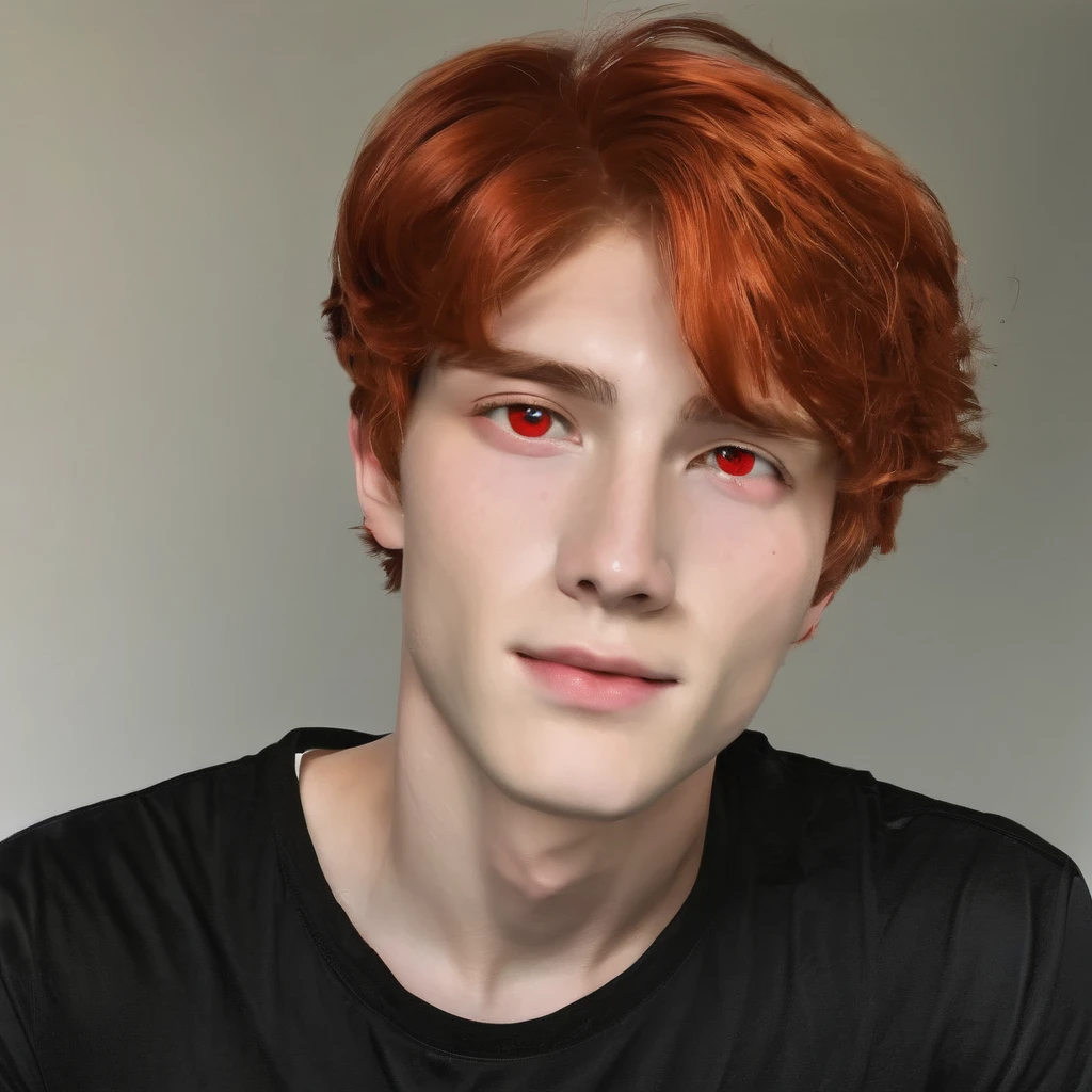 best quality, masterpiece, solo, 1boy, red hair, shirt,  red eyes, black beckground, full faces