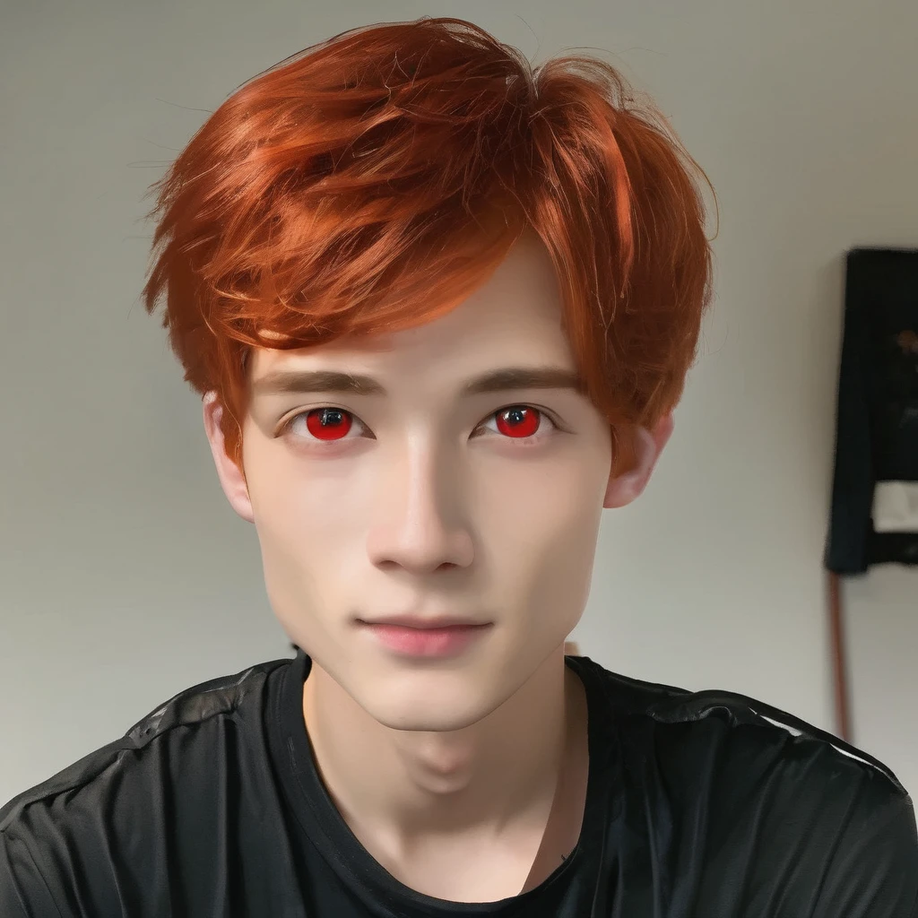 best quality, masterpiece, solo, 1boy, red hair, shirt,  red eyes, black beckground, full faces