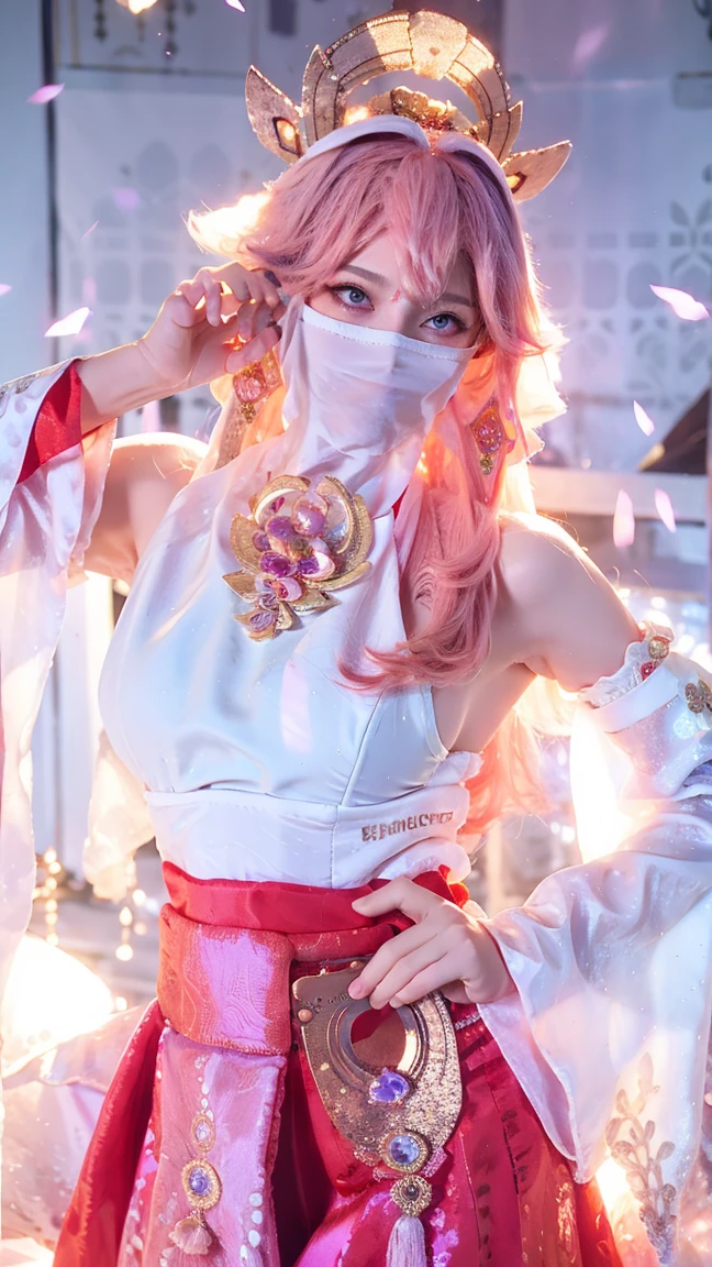 (Extremely detailed CG Unity 8K wallpaper, masterpiece, best quality), (ulzzang-6500-v1.1:0.4) 1 Girl, Korean Idol, Yae Miko, Separate sleeves, Pink Hair, Long hair, ,Long skirt,best quality, (Reality:1.2), (Hair accessories:1.35), Jewelry, Fox ears, Wearing a veil, (White Veil, Silk veil:1.2), Purple Eyes, earrings,, Delicate face, Face Focus, (Looking at the audience:1.25), Glowing skin, Long sleeve, Cowboy shooting, Dynamic poses, (Bend forward, Show your armpits, Sexy pose:1.3), Game CG, , indoor, Solid color background, whole body, Elegant Posture, Concentrated expression, Ambient Lighting