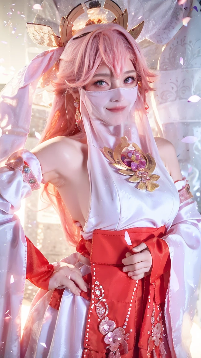 (Extremely detailed CG Unity 8K wallpaper, masterpiece, best quality), (ulzzang-6500-v1.1:0.4) 1 Girl, Korean Idol, Yae Miko, Separate sleeves, Pink Hair, Long hair, ,Long skirt,best quality, (Reality:1.2), (Hair accessories:1.35), Jewelry, Fox ears, Wearing a veil, (White Veil, Silk veil:1.2), Purple Eyes, earrings,, Delicate face, Face Focus, (Looking at the audience:1.25), Glowing skin, Long sleeve, Cowboy shooting, Dynamic poses, (Bend forward, Show your armpits, Sexy pose:1.3), Game CG, , indoor, Solid color background, whole body, Elegant Posture, Concentrated expression, Ambient Lighting