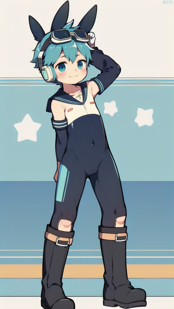 2D Shonen Shota，One-piece suit，Slim, healthy body，Put the headphones on your head，stand up，goggles，Rabbit ears，Happy，Sailor collar，boots，charming，Akimbo