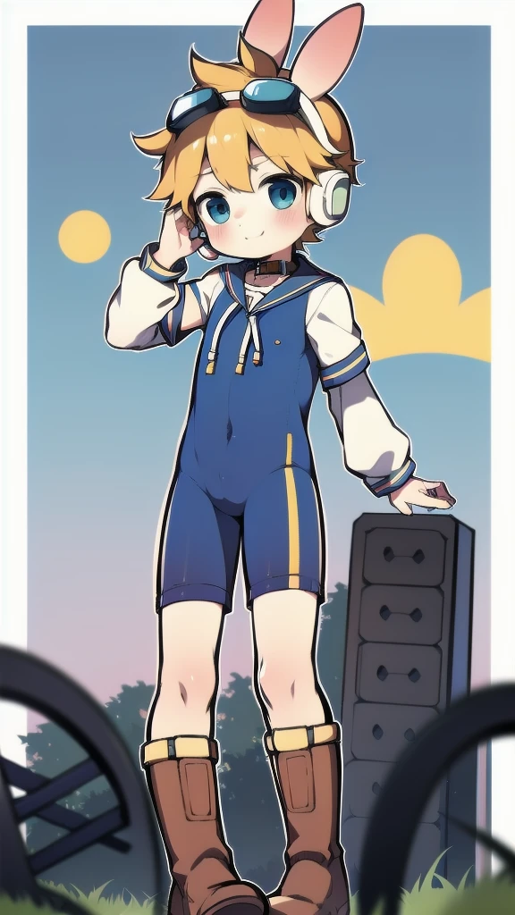 2D Shonen ,One-piece suit,Slim, healthy body,Put the headphones on your head,stand up,goggles,Rabbit ears,Happy,Sailor collar,boots,charming,Akimbo