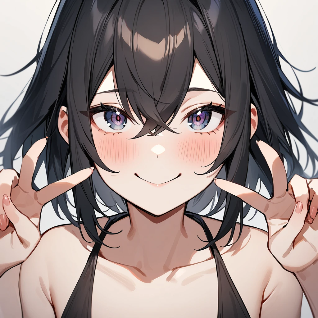 nsfw,portrait,1 girl,black hair,Androgynous,medium hair,sidelocks,Covered,masterpiece,best quality,very aesthetic,absurdres,upper body,straight-on,large,Covered,Smile,double v,(upturned_eyes:1.2),From above,hands up