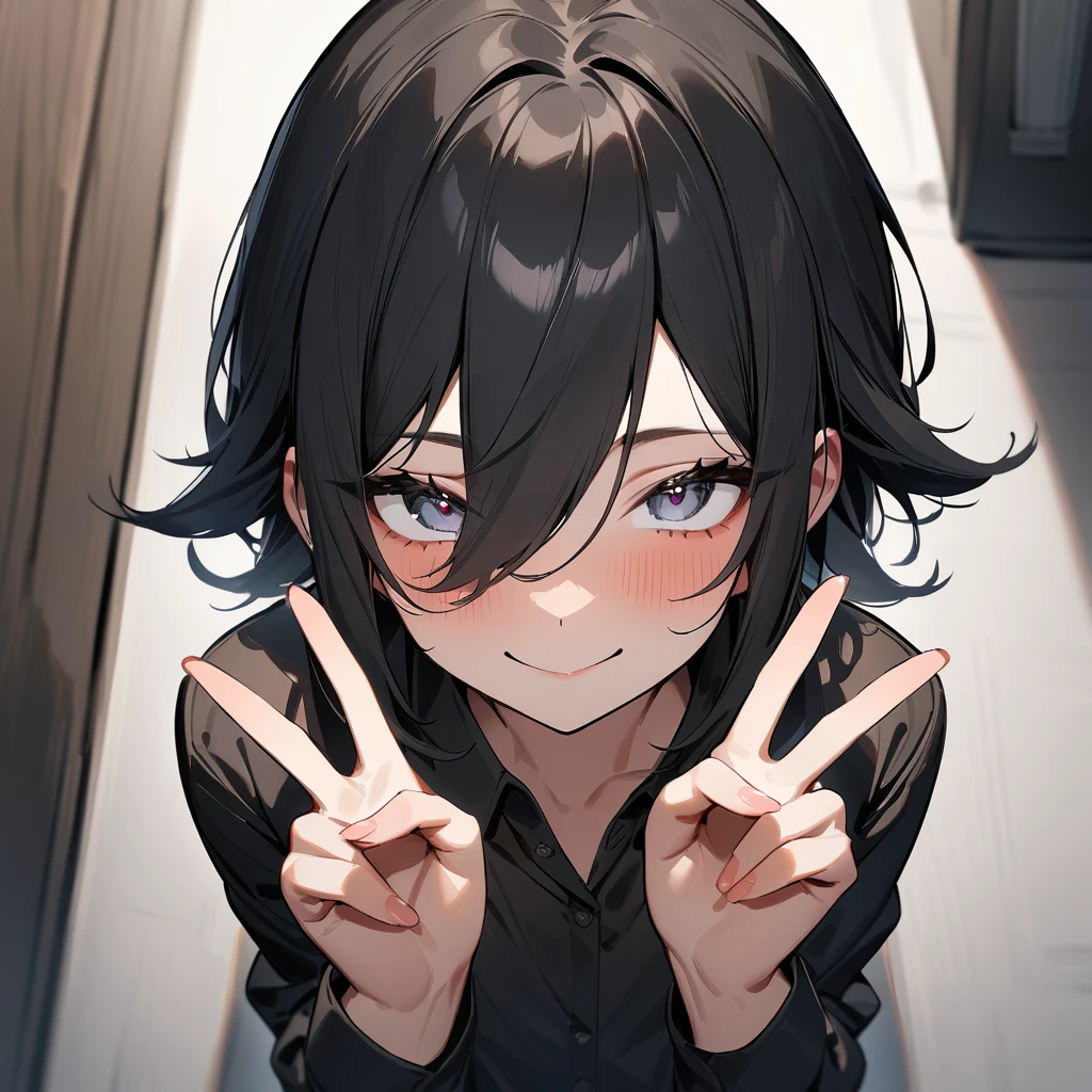 nsfw,portrait,1 girl,black hair,Androgynous,medium hair,sidelocks,Covered,masterpiece,best quality,very aesthetic,absurdres,upper body,straight-on,large,Covered,Smile,double v,(upturned_eyes:1.2),From above,hands up