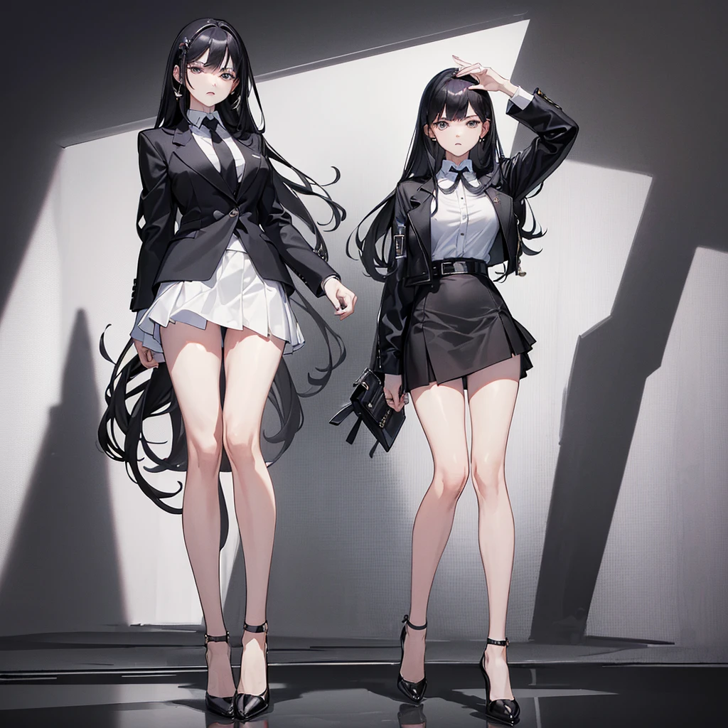 (((masterpiece, highest quality, High resolution,8k))),(((Tight Skirt))), black jacket, white shirt black skirt, High heels, black hair,Long Hair,career woman,Model pose,angry