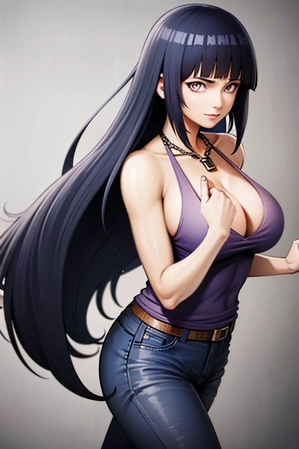 masterpiece,stunning realistic,best quality,sharpness,sharp face,smil,Rot im Gesicht sein,Photo of the upper body
black long hair,purple eyes,big ,tanktop,cargopants with many pockets,black cloak,silver necklace,silver chain,black gloves
