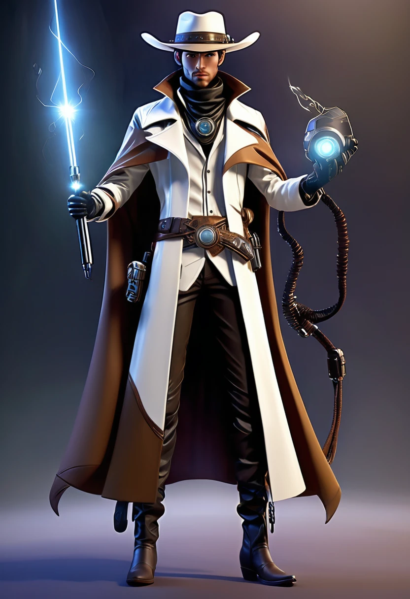 a character in a futuristic, Western-inspired outfit. The character wears a white and brown long coat with black pants and knee pads. Accessories include a wide-brimmed hat, gloves, and a belt. The character's attire suggests a blend of cowboy and high-tech elements. With a magical wand in his hand. He is little bigger in size.