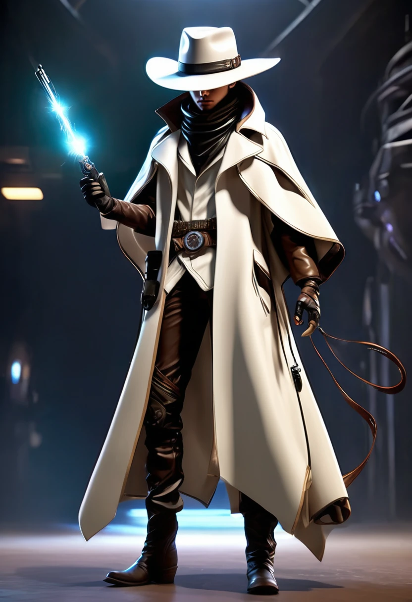 a character in a futuristic, Western-inspired outfit. The character wears a white and brown long coat with black pants and knee pads. Accessories include a wide-brimmed hat, gloves, and a belt. The character's attire suggests a blend of cowboy and high-tech elements. With a magical wand in his hand. He is little bigger in size.