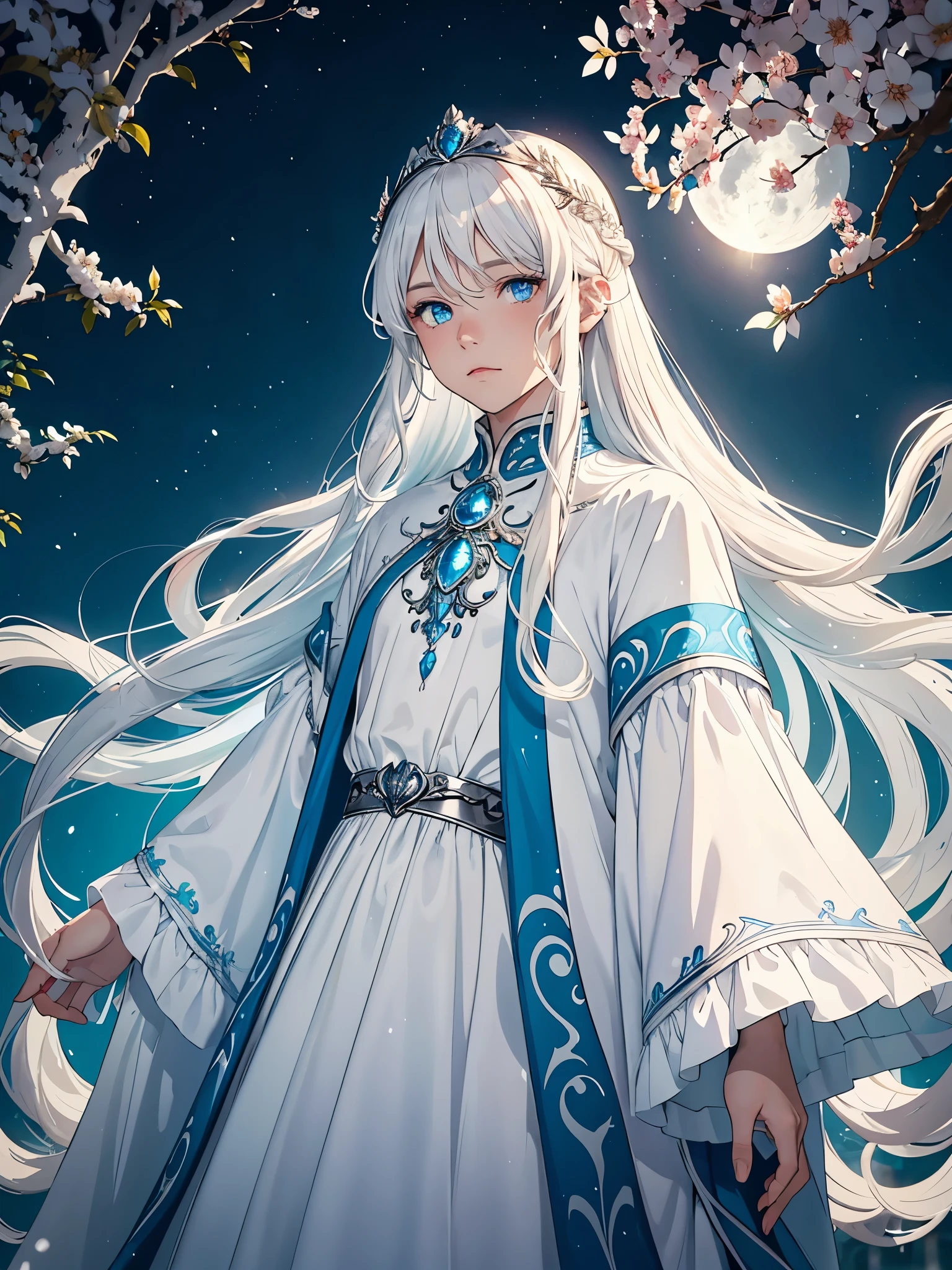Weiblicher. Long hair. long white hair. aquatic, boy, Goddess of the Moon, silver hair accessories, White hair, White dress, cape, at night, saturated colors, light eyes, bright, light blue light, blue eyes, Jewelry silver, bluish light, Full moon in the background, aquatic in der Luft rosa kerzen