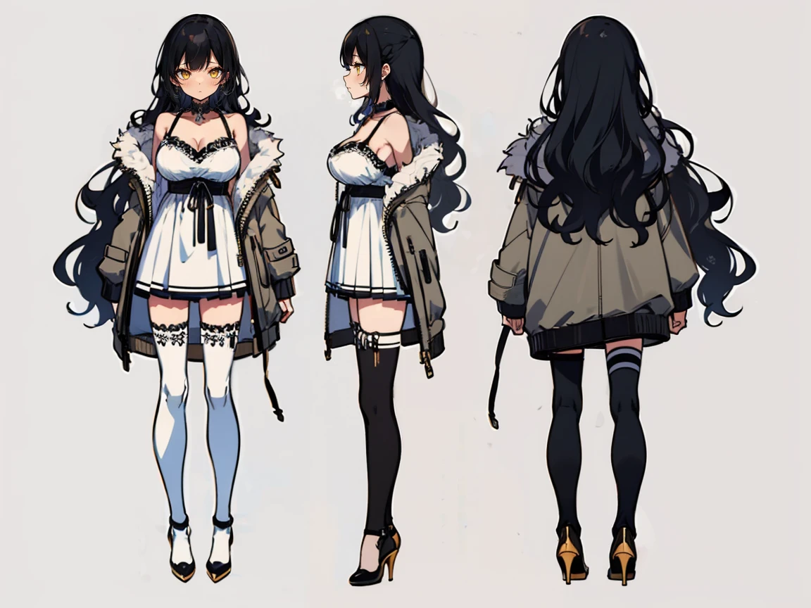 ((three-sided view, front view, side view, back view, multiple views, multiple poses and expressions, many parts)), concept art, character concept art, character sheet, Full body, illustration, (simple background, gray background), 1 character, 1girl, fantasy art, (hui xiyi:0.7), rekkyo sensen, rekkyou sensen, girls with((1girl, solo, black hair, yellow eyes, (wavy long hair, one side up:1.5), blush, breasts, choker, cleavage, coat, cowboy shot, white lace dress, ribbon waist belt, collar, collarbone, rosary, rosary choker, cross, full back, fur, fur trim, parka, khaki hoodie, green hoodie, hood down, hooded coat, hooded jacket, hoodie, jacket, large breasts, long sleeves, medium breasts, open clothes, open coat,open hoodie, sleeveless, winter clothes, zipper, cleavage, (white thighhighs, single thighhighs, an exposed leg, exposed bare legs, high heels:1.42))