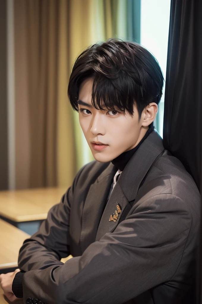 Generate an ultra realistic image of a handsome 20-year-old Chinese man, slim, slim, ectomomhe, asymmetrical face, new, CEO, passionate, serious and extremely cold countenance, CEO clothes, short black hair, face of a 20-year-old man