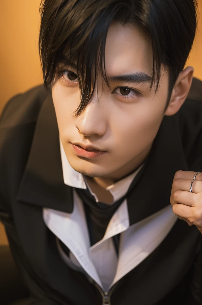 Generate an ultra realistic image of a handsome 20-year-old Chinese man, slim, slim, ectomomhe, asymmetrical face, new, CEO, passionate, serious and extremely cold countenance, CEO clothes, short black hair, face of a 20-year-old man