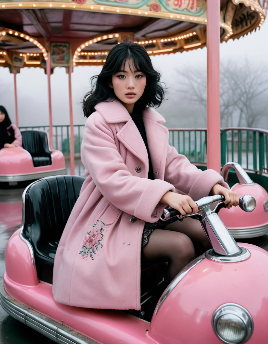 A young japanese supermodel woman, her wavy black hair and black eyes riding the vintage bumper car in an old amusement park on a foggy morning, donned in a flowing pink coat with intricate silver embroidery, captures a memorable pose for the vintage film camera angled above, the scene exuding drama and mystery.