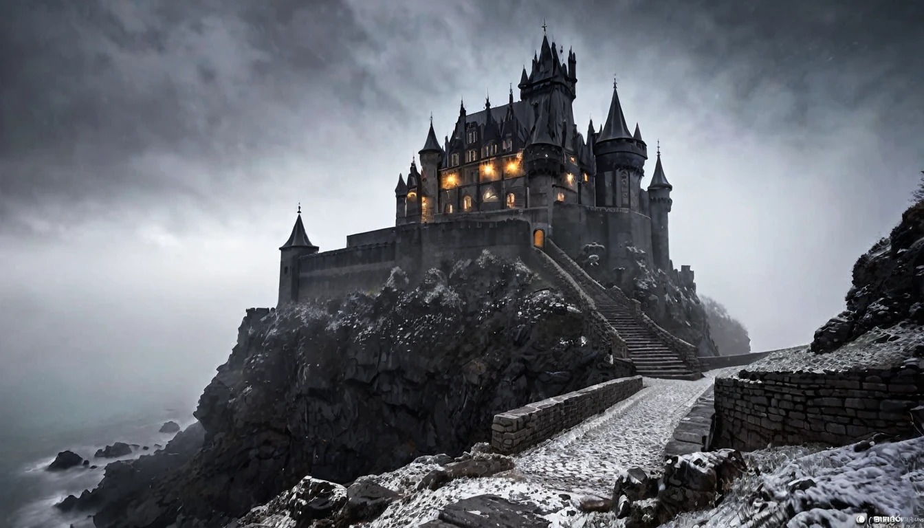 a black castle on a cliff, surrounded by an intense white fog, hyper-realistic, (best quality,4k,8k,highres,masterpiece:1.2),ultra-detailed,(realistic,photorealistic,photo-realistic:1.37),dramatic lighting,moody atmosphere,intricate architectural details,imposing fortifications,ominous presence,gothic architecture,dramatic lighting,cinematic composition