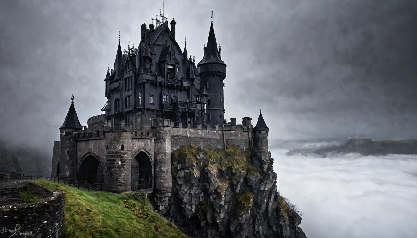 a black castle on a cliff, surrounded by an intense white fog, hyper-realistic, (best quality,4k,8k,highres,masterpiece:1.2),ultra-detailed,(realistic,photorealistic,photo-realistic:1.37),dramatic lighting,moody atmosphere,intricate architectural details,imposing fortifications,ominous presence,gothic architecture,dramatic lighting,cinematic composition