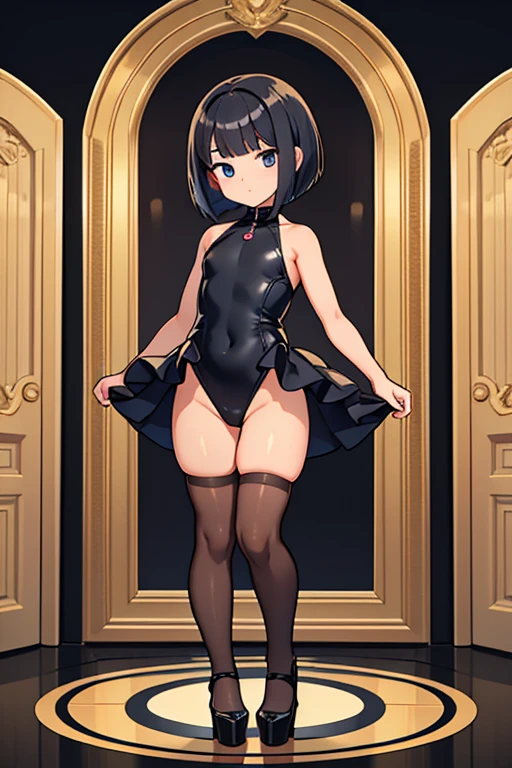 A 10 year old girl, high cut leotard, standing, full body, front pose, bob cut hair, platform heels, stockings,