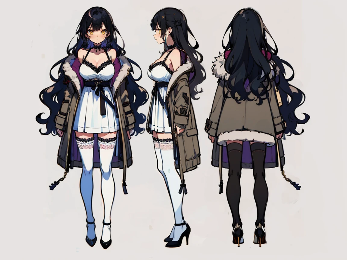 ((three-sided view, front view, side view, back view, multiple views, multiple poses and expressions, many parts)), concept art, character concept art, character sheet, Full body, illustration, (simple background, gray background), 1 character, 1girl, fantasy art, (hui xiyi:0.7), rekkyo sensen, rekkyou sensen, girls with((1girl, solo, black hair, yellow eyes, (wavy long hair, one side up:1.5), blush, breasts, choker, cleavage, coat, cowboy shot, white lace dress, ribbon waist belt, collar, collarbone, rosary, rosary choker, cross, full back, fur, fur trim, parka, khaki hoodie, green hoodie, hood down, hooded coat, hooded jacket, hoodie, jacket, large breasts, long sleeves, medium breasts, open clothes, open coat,open hoodie, sleeveless, winter clothes, zipper, cleavage, (white thighhighs, single thighhighs, an exposed leg, exposed bare legs, high heels:1.42))