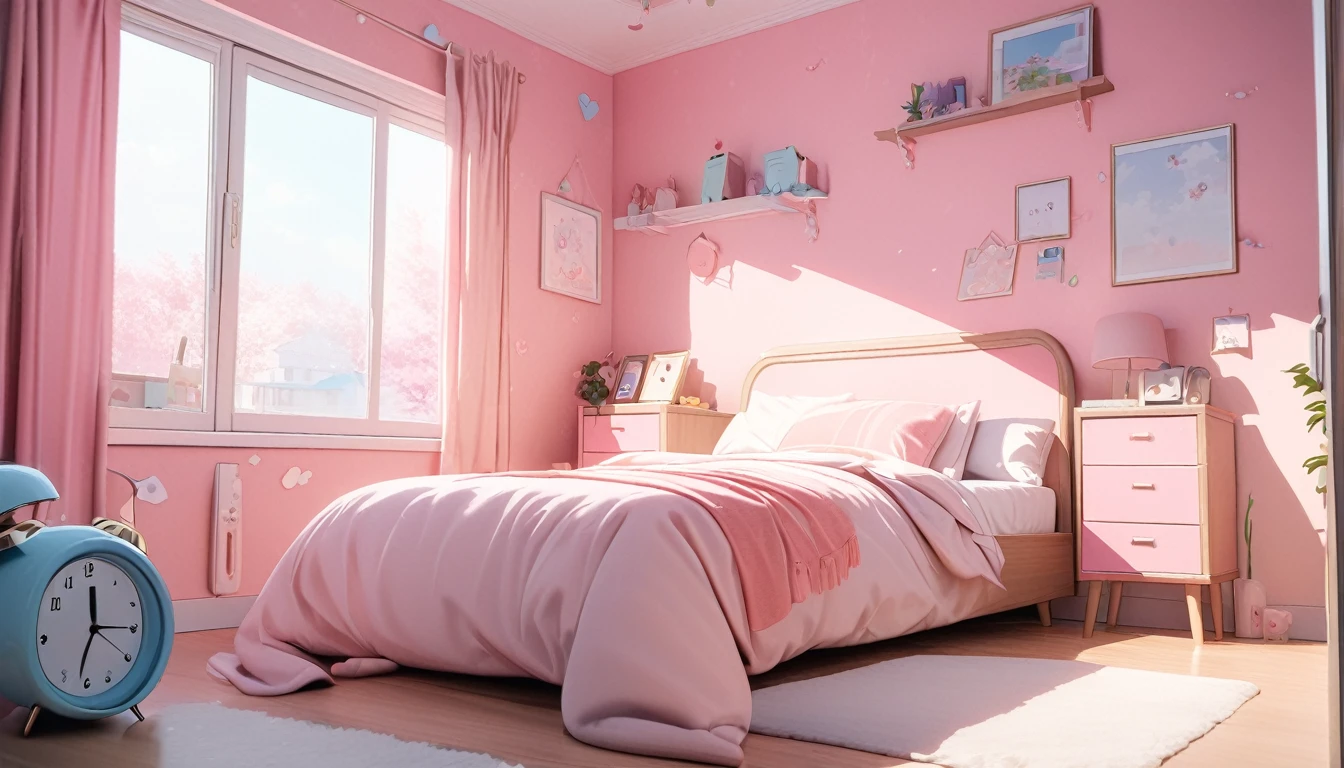 (Alarm Clock Front view),(Best Picture Quality, 8K, Masterpiece:1.3), (High school girl's pink room), (alarm clock above the bedroom).