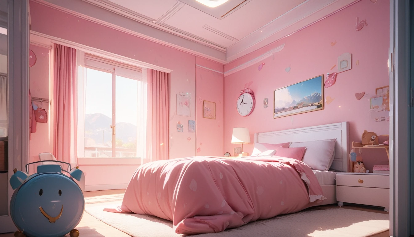 (Alarm Clock Front view),(Best Picture Quality, 8K, Masterpiece:1.3), (High school girl's pink room), (alarm clock above the bedroom).