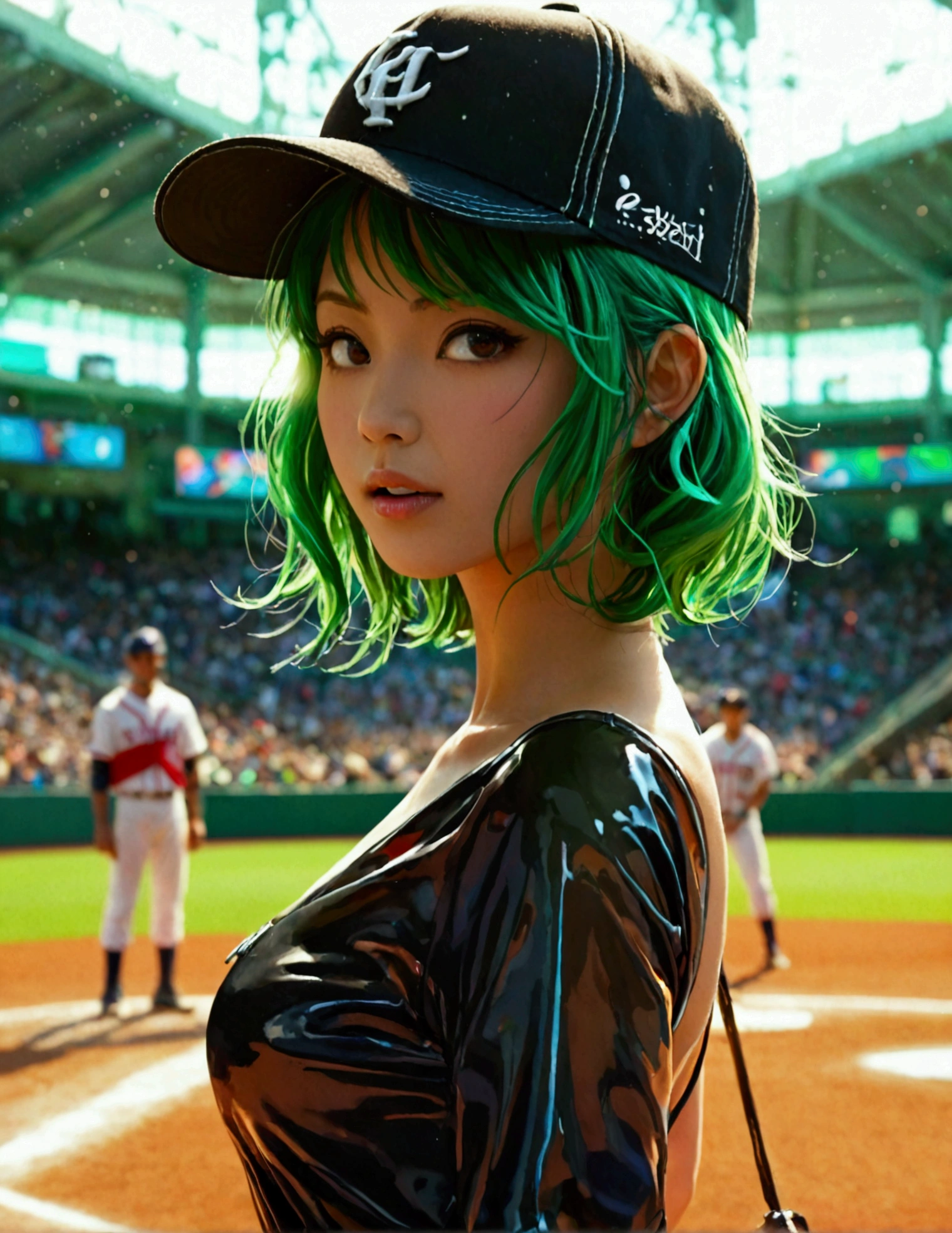 A beautiful Japanese woman (Tatsumaki,black dress, green hair) in a baseball cap pitching a ball, dynamic pitching pose, crowd cheering in the background, bokeh effect, anime style, highly detailed, intricate, vibrant colors, cinematic lighting, photorealistic, masterpiece, (show her entire body, show all of her, show her entire body)
