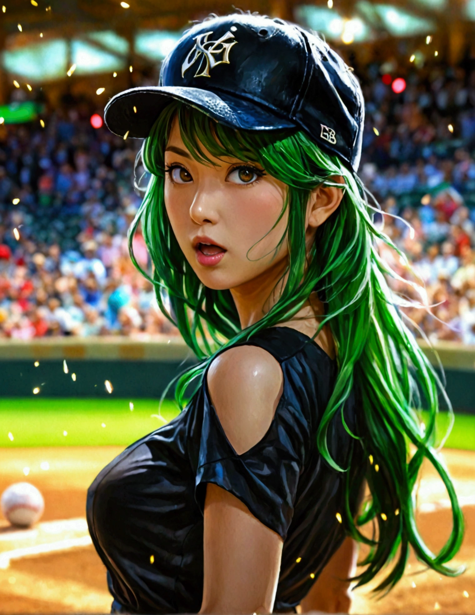 A beautiful Japanese woman (Tatsumaki,black dress, green hair) in a baseball cap pitching a ball, dynamic pitching pose, crowd cheering in the background, bokeh effect, anime style, highly detailed, intricate, vibrant colors, cinematic lighting, photorealistic, masterpiece, (show her entire body, show all of her, show her entire body)
