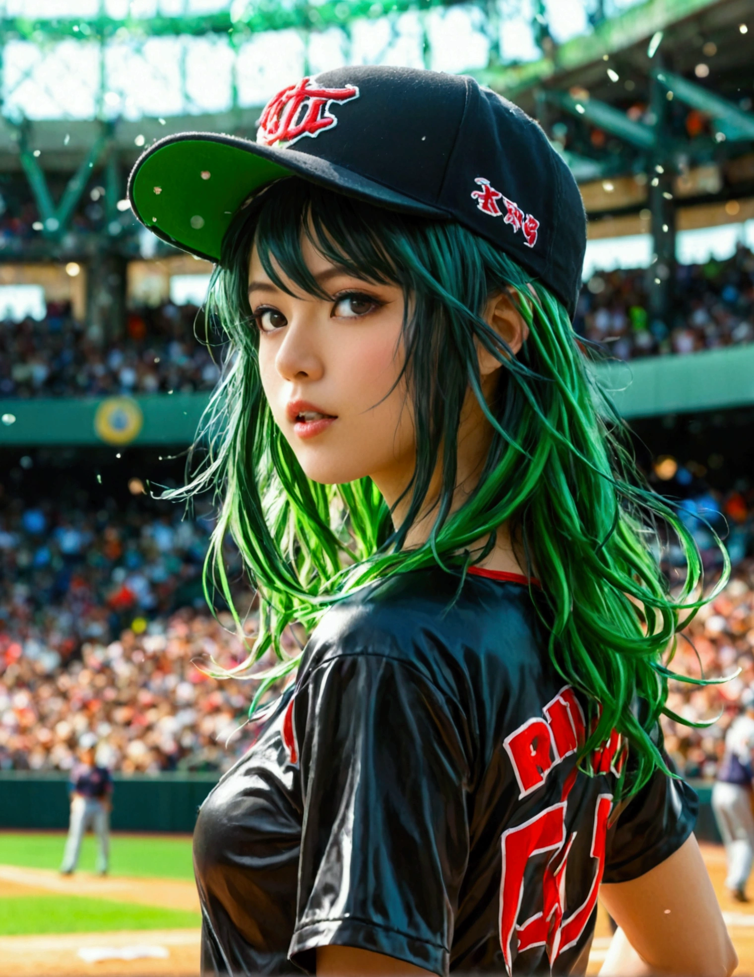 A beautiful Japanese woman (Tatsumaki,black dress, green hair) in a baseball cap pitching a ball, dynamic pitching pose, crowd cheering in the background, bokeh effect, anime style, highly detailed, intricate, vibrant colors, cinematic lighting, photorealistic, masterpiece, (show her entire body, show all of her, show her entire body)
