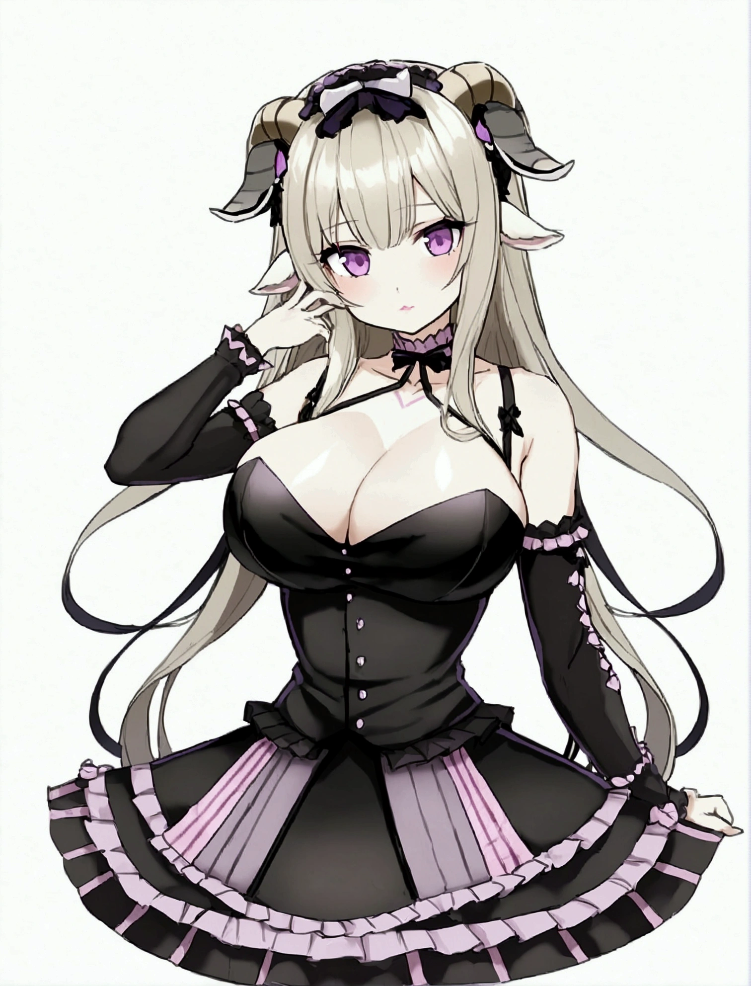 beautiful girl, long hair, light gold, purple eyes , Goat ears, ,Lolita dresme girl, pinkish red lips,Maid,sheep girl,sexy pose